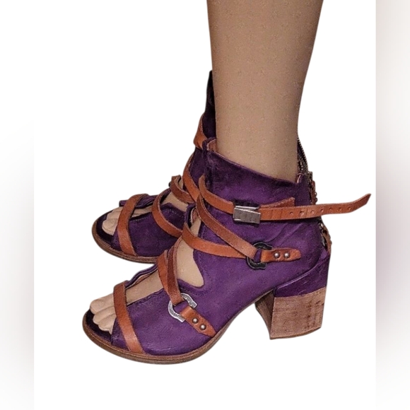 A.S.98 x Free People Open-toe Roman Block-heel Sandals / Sz 4.5 - 5 / Eggplant - Picture 4 of 17